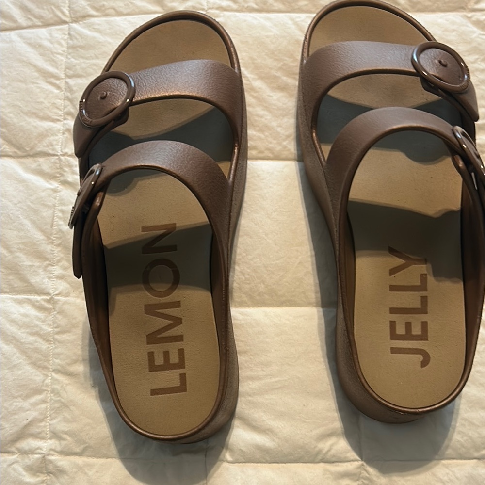 Lemon Jelly Bronze Sandals Size 39 (8 US). Worn once. 2” heel height.